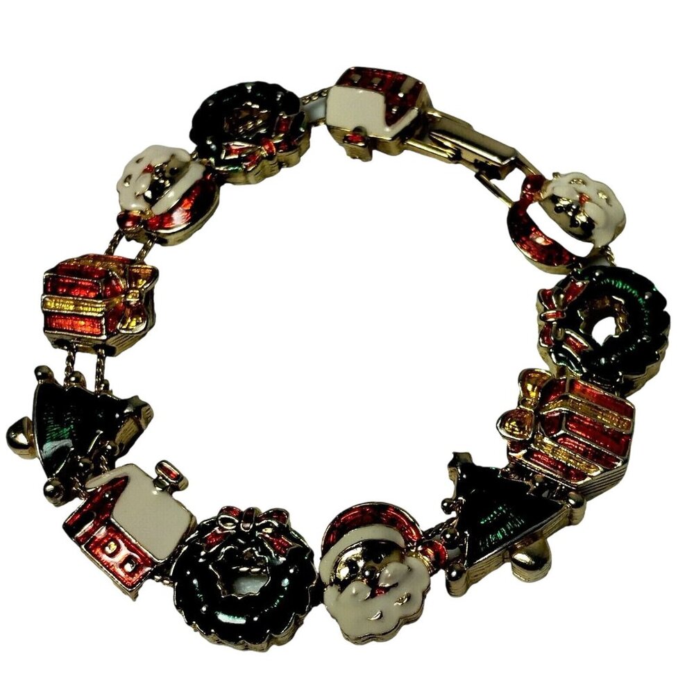 Christmas Charm Bracelet Holiday Fashion Santa Wreath Cabin Marked SP Gold Tone
